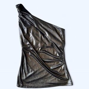 Cache Womens Silver Metallic One Shoulder Ruched New Years Party Brat Top Small